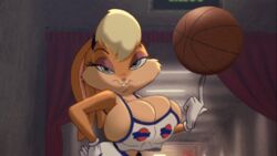 1girls 2d 2d_animation accurate_art_style animated anthro basketball big_breasts blue_eyes breast_expansion breasts bunny_ears bunny_girl canonical_scene cleavage cleavage_overflow edit huge_breasts lola_bunny screenshot screenshot_edit sideboob space_jam tank_top yetig