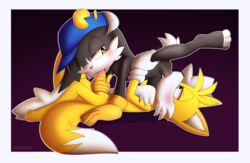 5_fingers anthro apinkgrape blowjob crossover duo fellatio fingers fox furry hairgrape klonoa klonoa_(series) long_ears looking_at_another lying male male/male rabbit sonic_(series) tails white_body yaoi yellow_body