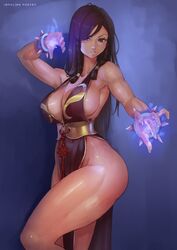 alternate_costume alternate_hairstyle bracelets braids brown_eyes brown_hair busty cheongsam chun-li chun-li_(battle_ouffit_sfv) impalingpoetry street_fighter thick_thighs