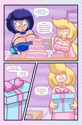 2girls arm_sleeves bedroom big_breasts bimbo blonde_hair blue_eyes blue_hair bluu_(daisy-pink71) bra breasts cake castle choker clothed clothed_female comic comic_page daisy-pink71 daisy_(daisy-pink71) dessert dialogue dress english_dialogue english_text evening female female_focus female_only females females_only fully_clothed happy heart_eyes large_breasts long_hair multiple_girls navel night_dress original original_characters present short_hair smile speech_bubble text thick_thighs word_balloon