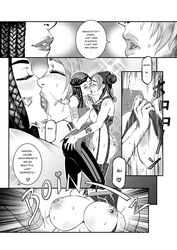 2girls big_breasts black_hair breasts breasts_out comic english_dialogue ermes_costello french_kiss hand_on_ass jojo's_bizarre_adventure jolyne_kujo karasuh kissing lesbian lifting_top monochrome nipples stone_ocean toned toned_female two_tone_hair undressing_another yuri