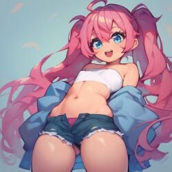 ai_generated blue_eyes clothed flat_chest hip_dips milim_nava panties pink_hair short_shorts smile that_time_i_got_reincarnated_as_a_slime thighs tubetop tummy twintails young