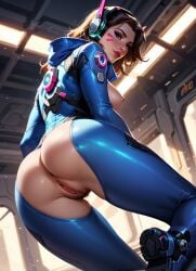 1girls ai_generated anus ass brown_eyes_female brown_hair crotch_cutout d.va dex-j female_only from_behind long_hair_female looking_back_at_viewer mostly_clothed open_jacket overwatch pubic_hair pussy sideboob solo_female