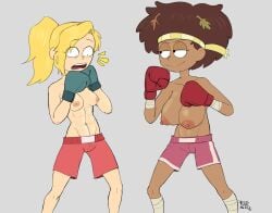 2girls abs amphibia anne_boonchuy asian_female big_hair blonde_female blonde_hair boxing boxing_gloves boxing_shorts breasts brown_hair cropped_legs dark-skinned_female dark_skin disney disney_channel duo female female_only grey_background huge_breasts leaves_in_hair light-skinned_female light_skin medium_breasts muscular_futanari nipples pink_shorts ponytail red_boxing_gloves red_gloves red_shorts redlewd17 sasha_waybright shorts simple_background standing surprised teal_boxing_gloves teal_gloves thai topless topless_boxing white_female wide_eyed