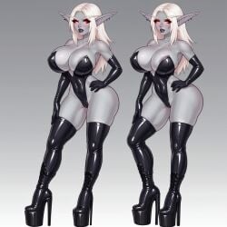 ai_generated bimbo black black_latex blood_elf bodysuit elf_female gloves latex looking_at_viewer platform_heels pointy_ears red_eyes stable_diffusion sylvanas_windrunner warcraft world_of_warcraft