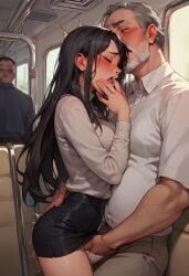 ai_generated black_hair blush brown_eyes fingering grey_hair handsome long_hair mini_slut moaning molestation muscular_male older_male primal_urges public short_skirt tall tight_clothing train younger_female