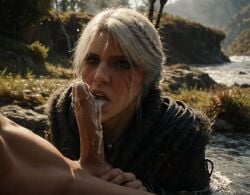 after_fellatio after_oral ai_generated braid cd_projekt_red ciri cum cum_in_mouth female light-skinned_female light-skinned_male male open_mouth outdoors penis qintin scar the_witcher_(series) the_witcher_4 uglification white_hair