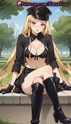 1girls ai_generated anime anime_style belt bikini bikini_top bikini_top_only bishamon bishamon_(noragami) black_belt black_bikini black_footwear black_gloves black_headwear black_jacket black_skirt blonde_hair blush boots breasts bust busty cleavage clothing cropped_jacket crossed_legs day feet_out_of_frame female female_focus female_only front-tie_top gloves hat hentai high_heel_boots high_heels jacket knee_boots large_breasts long_hair long_sleeves looking_at_viewer medium_breasts military_hat miniskirt natsuyoru navel noragami open_clothes open_jacket outdoors park parted_lips peaked_cap pleated_skirt police_hat police_uniform purple_eyes shrug_(clothing) sitting skirt sky solo solo_female stomach swimsuit thighs tree uniform very_long_hair voluptuous voluptuous_female