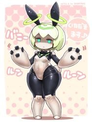 animal_ears blue_eyes bow bowtie breasts detached_collar female green_hair halo leotard multiple_halos navel pink_background playboy_bunny puniru_wa_kawaii_slime rabbit_ears rabbit_tail robot runruun_(puniru_wa_kawaii_slime) shigatake short_hair small_breasts tail thick_thighs thighs