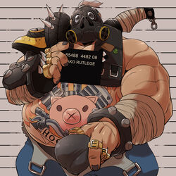 balls_under_clothes bara belly belly_button big_arms big_ass big_balls big_belly big_butt big_legs big_pecs bracelet bulge bulge_grab fat fat_belly fat_man fingerless_gloves gas_mask gay looking_at_viewer male male_only mask obese obese_male open_fly othukimi overwatch overweight overweight_male penis_under_clothes pig_mask rings roadhog scars solo spikes tattoo tire underwear white_hair