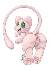 absurd_res anthro anus ass cheek_tuft clitoral_hood clitoris eyelashes facial_tuft female floating fur generation_1_pokemon genitals green_eyes head_tuft hi_res humanoid_genitalia legendary_pokemon looking_at_viewer looking_back looking_back_at_viewer mew_(pokemon) miyedsam nintendo pawpads paws pink_body pink_fur pokemon pokemon_(species) presenting presenting_hindquarters pussy raised_tail rear_view smile solo tail tail_tuft tuft