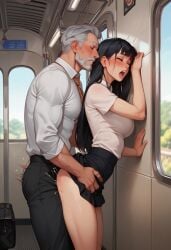 against_wall ai_generated black_hair blush brown_eyes clothed_sex fingering grey_hair handsome long_hair mini_slut moaning molestation muscular_male older_male primal_urges public short_skirt tall tight_clothing train younger_female