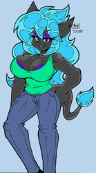 akatsukishiranui-fox anthro aquatic_dragon artist_name artist_signature bedroom_eyes biceps black_fur blue_eyes blue_hair cleavage curvy dragon eyeshadow furry gray_fur hand_on_hip jeans large_breasts long_hair looking_at_viewer minight seductive tank_top text tight_clothing