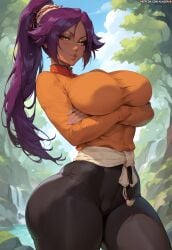 1girls ai_generated arms_crossed artist_name ass ass_bigger_than_head ass_focus background bangs bare_thighs big_ass big_breasts big_butt big_hips big_thighs bimbo bimbo_body black_pants bleach bleach:_the_thousand-year_blood_war blush breast_focus breasts breasts_bigger_than_head breasts_out busty closed_mouth clothing collarbone crop_top crossed_arms curvaceous curvy_body curvy_female curvy_figure curvy_hips dark-skinned_female dark_skin edit edited edited_art eyelashes female female_only fit_female forest front_view full_body hair hair_ornament hips huge_breasts huge_thighs inviting japanese_female kladen kladenart large_ass large_breasts large_butt large_thighs light_skin lipstick long_sleeves looking_at_viewer mature_woman milf mommy naughty_face naughty_smile no_sex outdoors pants pinup ponytail pov presenting presenting_breasts puffy_lips purple_hair red_lipstick seductive seductive_eyes seductive_look seductive_smile shihouin_yoruichi shirt smile smiling smiling_at_viewer solo solo_female solo_focus squeezing_breast stable_diffusion standing teen teenager tight_pants voluptuous voluptuous_female voluptuous_teen watermark wide_ass wide_hips wide_thighs wife yellow_eyes yellow_shirt yellow_topwear