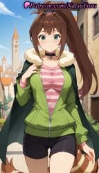 1girls ai_generated anime anime_style aqua_eyes bangs black_choker black_shorts blue_sky blush breasts brown_hair building bust busty cape choker closed_mouth collarbone cowboy_shot day female female_focus female_only fur-trimmed_cape fur_trim green_cape green_eyes green_jacket hair_intakes hand_on_own_chest hand_up hentai high_ponytail jacket jewelry kono_subarashii_sekai_ni_shukufuku_wo! large_breasts long_hair long_sleeves looking_at_viewer natsuyoru open_clothes open_jacket outdoors partially_unzipped pink_shirt ponytail raccoon_tail rin_(konosuba) shirt short_shorts shorts sky smile solo solo_female standing striped striped_clothes striped_shirt tail thigh_gap tshirt voluptuous voluptuous_female zipper zipper_pull_tab