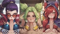 3boys 3girls ai_generated big_breasts big_penis blowjob breasts green_hair huge_breasts league_of_legends looking_at_viewer oral pov purple_hair red_hair vaybu vayne xayah zeri_(league_of_legends)