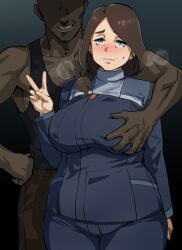 1boy 1girls belmeria_winston blue_eyes blush breast_grab brown_hair chubby chubby_female dark-skinned_male gundam gundam_suisei_no_majo hand_on_another's_chest kisuu light-skinned_female mature_female peace_sign steam