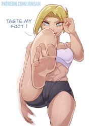 annie_leonhardt attack_on_titan barefoot below_view blonde_hair blue_eyes cameltoe dominant_female feet female female_only foot_fetish foot_focus greek_toe gym_uniform jiinsan large_breasts looking_at_viewer muscular muscular_female panties pussy shorts soles solo_female sports_bra sportswear sweaty tagme toes