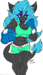 abs akatsukishiranui-fox anthro aquatic_dragon artist_name artist_signature biceps black_fur blue_eyes blue_hair boxing_gloves boxing_shorts cleavage curvy dragon extreme_muscles eyeshadow female_only furry gray_fur large_breasts long_hair looking_at_viewer minight muscle muscular muscular_female punching shorts solo sports_bra sweat text wide_hips workout