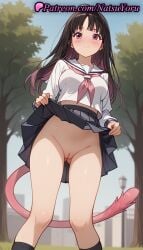 1girls ai_generated anime anime_style asian ass_visible_through_thighs bangs black_hair black_skirt black_socks blue_sky blurry blurry_background blush breasts brown_hair bust busty cat_tail cleft_of_venus closed_mouth clothes_lift colored_inner_hair day exhibitionism feet_out_of_frame female_focus female_only flashing from_below hentai iki_hiyori innie_pussy kneehighs labia labia_majora lamppost legs lifted_by_self long_hair long_sleeves looking_at_viewer medium_breasts midriff_peek miniskirt multi-colored_hair multicolored_hair natsuyoru neckerchief no_panties nopan noragami outdoors paipan pink_eyes pink_hair pink_neckerchief pleated_skirt public_indecency purple_eyes pussy red_neckerchief sailor_collar sailor_uniform school_uniform serafuku shaved_vagina shirt skirt skirt_lift sky smile socks solo solo_female standing tail tree two-tone_hair uncensored vagina voluptuous voluptuous_female white_sailor_collar white_shirt