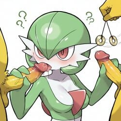 1girls 2boys ? ai_generated gardevoir handjob hypno hypnosis licking_penis oral pokemon pokemon_(species) precum