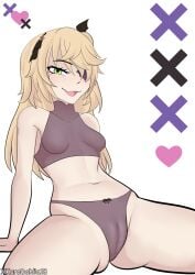 blonde_hair cameltoe fischl_(genshin_impact) genshin_impact kurodahlia18 lingerie navel oerba_yun_fang small_breasts smile thick_thighs white_background