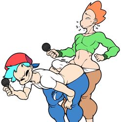 ass_cleavage assjob backwards_baseball_cap baseball_cap big_penis blue_hair boyfriend_(friday_night_funkin) brown_pants bulge butt_crack buttjob clothed_buttjob femboy femboyfriend friday_night_funkin gay green_shirt hotdogging hypercawk jeans male/male male_only microphone newgrounds orange_hair pico's_school pico_(newgrounds) sweat sweatdrop thick_thighs throbbing_penis underwear white_background white_shirt yaoi