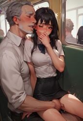 ai_generated black_hair blush brown_eyes fingering grey_hair handsome long_hair mini_slut moaning molestation muscular_male older_male primal_urges public short_skirt tall tight_clothing train younger_female