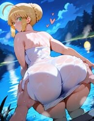 1girls ai_generated akwxitwo artoria_pendragon artoria_pendragon_(fate) ass ass_focus ass_grab big_ass big_breasts blonde_female blonde_hair fate/grand_order fate/stay_night fate_(series) female_only green_eyes heart hearts_around_head lake nature nature_background night nightime public sweat sweatdrop sweating towel water white_skin