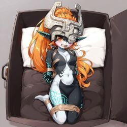 ai_generated arms_tied_behind_back bondage bound_legs gag gagged helmet imp_midna in_suitcase looking_at_viewer midna orange_hair pillow red_eyes tape_bondage tape_gag the_legend_of_zelda twilight_princess