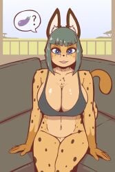 1girls ? animal_ear_fluff animal_ears animal_tail anthro background belly belly_button big_breasts blue_eyes breasts cat_ears cat_tail catgirl cheetah_ears cheetah_girl cheetah_tail cleavage couch crop_top crop_top_only detailed_background digital_drawing_(artwork) digital_media_(artwork) ear_tuft eggplant_emoji emoji fangs female female_focus female_only green_hair half-dressed half_naked hands_on_couch hi_res hips huge_breasts indoors legs_together line_art multicolored_fur navel original original_character question_mark quin-nsfw rika_(quin-nsfw) shaded shiny_skin sitting sitting_on_couch solo solo_female solo_focus speech_bubble spotted_fur stomach thick_thighs thighs toned_female tongue waist