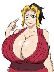 1female 1girls alternate_body_type alternate_breast_size big_breasts black_hair blonde_hair cleavage demon_slayer enormous_breasts female female_only gigantic_breasts hand_on_hip huge_breasts japanese_clothes kimetsu_no_yaiba looking_at_viewer makio_(kimetsu_no_yaiba) massive_breasts momiji_(artist) ponytail short_dress sleeveless smile solo solo_female top_heavy two_tone_hair venus_body wide_hips