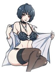 1girls black_bra black_lingerie black_panties blue_hair bra breasts brown_eyes choker coat_removed labcoat large_breasts lingerie looking_at_viewer midriff navel necklace painted_fingernails panties persona persona_5 redrabbu short_hair tae_takemi thighhighs