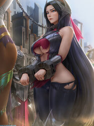 2020 3girls absurdres akali armor big_breasts black_hair blue_eyes blurry_background blush breasts captured chains clothed dark-skinned_female dark_skin female_only forehead_protector hair_ornament high_resolution highres hourglass_figure irelia_xan karma_(league_of_legends) large_breasts league_of_legends limgae outside patreon_reward patreon_username realistic restrained torn_clothes underboob url