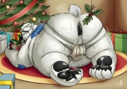 anthro anus ass balls_outline bear belly bodily_fluids bulge christmas christmas_decorations christmas_ornament christmas_present christmas_tree claws clothing detailed_bulge feet genital_outline gift hi_res holidays jockstrap laught468 male mammal musk musk_clouds overweight overweight_anthro overweight_male pawpads penis_outline plant polar_bear presenting presenting_anus slightly_chubby slightly_chubby_anthro slightly_chubby_male solo sweat sweaty_butt tree underwear ursine