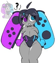 alternate_version_available artist_request artist_unknown big_breasts breasts cleavage cleavage_focus gijinka gray_body grey_skin huge_thighs joycon_controller nintendo nintendo_switch one-piece_swimsuit switch switch_console tagme tagme_(artist) thick_thighs thighs thighs_bigger_than_head thighs_together twintails