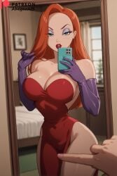 ahegao_ai ai_generated big_breasts clothed clothed_female jessica_rabbit mirror mirror_reflection mirror_selfie selfie who_framed_roger_rabbit