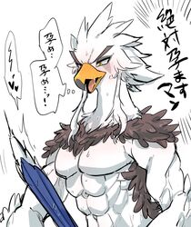 abs anthro avian beak bird blue_body blue_feathers blush breath_of_the_wild duo feathers japanese_text male male/male muscular muscular_anthro muscular_male nintendo offscreen_sex pecs popemadara revali rito sex teba_(tloz) text the_legend_of_zelda video_games