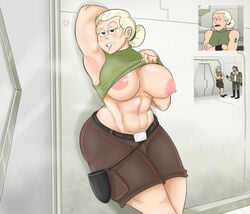 abs areolae armpits big_breasts blonde_hair breasts cartoon_network female hikinks muscular muscular_female navel nipples regular_show shirt_lift short_shorts solo toothpick toothpick_sally