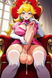 1futa ai_generated blonde_hair blue_eyes cleavage dripping_cum erect_penis erection futa_only futanari hi_res holding_penis huge_balls huge_cock light-skinned_futanari light_skin long_hair looking_at_viewer mario_(series) marrielobste nintendo princess_peach self_upload sitting thick_thighs white_gloves