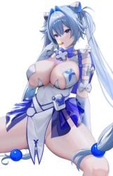 absurdres blue_bow blue_eyes blue_hair bow breasts candy cleavage detached_sleeves female food goddess_of_victory:_nikke gretel_(nikke) hair_between_eyes hair_intakes hair_ornament highres hing_(pixiv_93969166) large_breasts leotard licking lollipop long_hair looking_at_viewer no_panties ribbon see-through_clothes see-through_skirt skirt solo spread_legs thighs twintails white_background white_ribbon