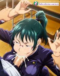 1girls ai_generated blowjob classroom cum_in_mouth fellatio glasses green_hair hand_grab jujutsu_kaisen neto_ai restrained zenin_maki