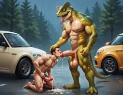 2boys abs ai_generated anthro anthro_dominating_human ass back back_muscles balls bara big_balls big_dom_small_sub big_muscles big_nipples big_pecs big_penis booster_rex bukkake cum cum_drip cum_on_back cum_on_body cum_on_penis cumshot daddy dilf dilophosaurus dinosaur dominant dominant_anthro dominant_male duo ejaculation erect_nipples erection gay green_body holding_partner huge_balls huge_cock huge_muscles huge_nipples huge_pecs human human_on_anthro humansub hunk interspecies larger_anthro larger_male light_skin light_skinned_male male male/male male_only masturbation muscular muscular_human muscular_male navel nipples nude oral oral_penetration orgasm pecs penis prehistoric reptile scalie sex simultaneous_orgasms size_difference smaller_human smaller_male submissive submissive_human submissive_male yaoi