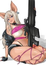 2024 absurdres animal_ears black_gloves blue_eyes breasts dark-skinned_female dark_skin earrings female fingerless_gloves gloves gun highres holding holding_weapon jewelry kyugata looking_at_viewer midriff pig_ears pig_girl pink_hair revealing_clothes rifle rose_(zaiyuki) smile solo tan tanline weapon zaiyuki