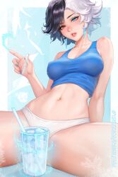 black_and_white_hair blue_eyes ice luna_snow luna_snow_(marvel_rivals) marvel marvel_comics marvel_rivals prywinko red_eyes tank_top tummy white_panties