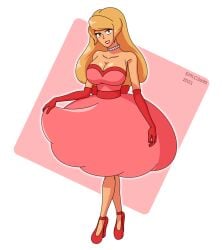 1girls 2020s 2021 back_bow blonde_hair breasts brown_eyes dress elbow_gloves emlc3690 gloves high_heels large_breasts long_hair looking_at_viewer necklace original pearl_necklace pink_dress