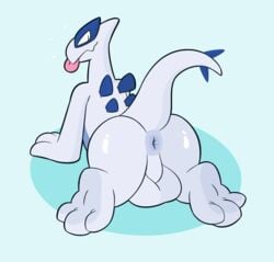 3_toes anthro anus ass backsack balls birdvian feet furry_only genitals hi_res legendary_pokémon looking_back lugia male nintendo no_humans pokémorph pokemon pokemon_(species) simple_background soles solo solo_male toes tongue tongue_out video_games