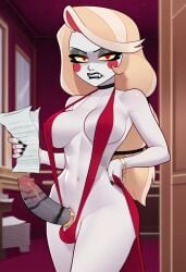 1futa ai_generated angry charlie_morningstar_(hazbin_hotel) dirty_dan disgusted disgusted_expression futanari hazbin_hotel lipstick lipstick_mark lipstick_on_penis lipstick_ring penis sling_bikini