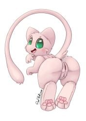 absurd_res anthro anus ass bodily_fluids cheek_tuft clitoral_hood clitoris eyelashes facial_tuft female floating fur generation_1_pokemon genital_fluids genitals green_eyes head_tuft hi_res humanoid_genitalia legendary_pokemon looking_at_viewer looking_back looking_back_at_viewer mew mew_(pokemon) miyedsam nintendo pawpads paws pink_body pink_fur pokemon pokemon_(species) presenting presenting_hindquarters pussy raised_tail rear_view smile solo tail tail_tuft tuft vaginal_fluids