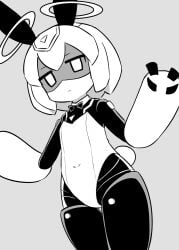 android animal_ears bow bowtie closed_mouth covered_navel female grey_background greyscale hair_between_eyes hands_up highres leotard looking_at_viewer monochrome naga_u puniru_wa_kawaii_slime rabbit_ears rabbit_tail runruun_(puniru_wa_kawaii_slime) shaded_face short_hair simple_background solo strapless strapless_leotard tail